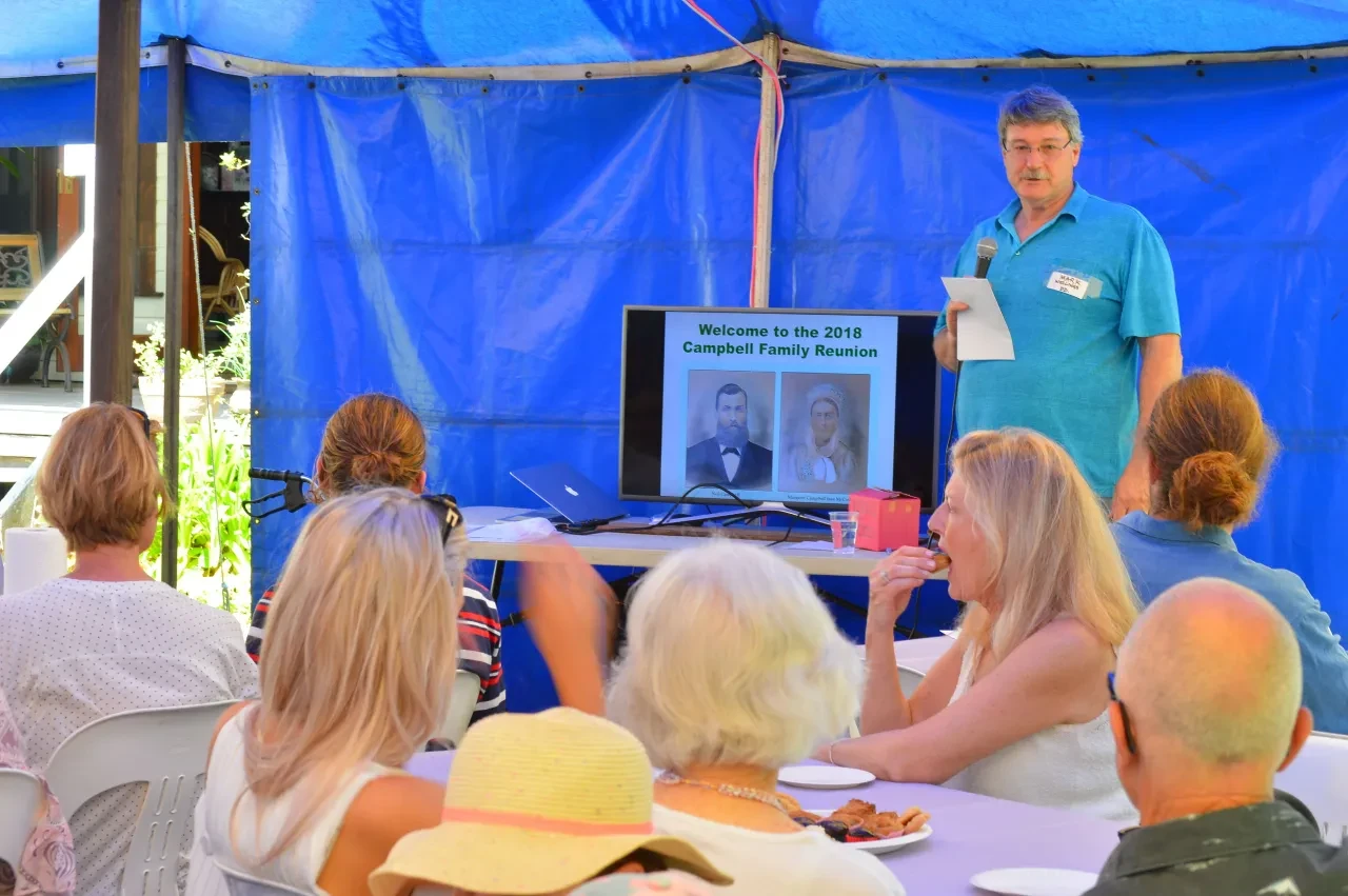Campbell Family Reunion 2018 — welcome presentation under tent